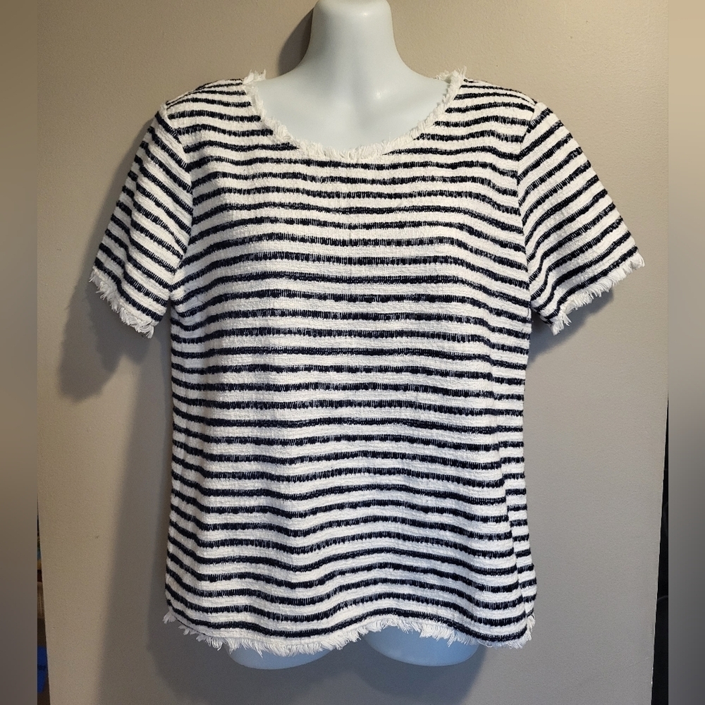 Saks Fifth Avenue Blue and White Striped Short Sleeve Top, Size Small